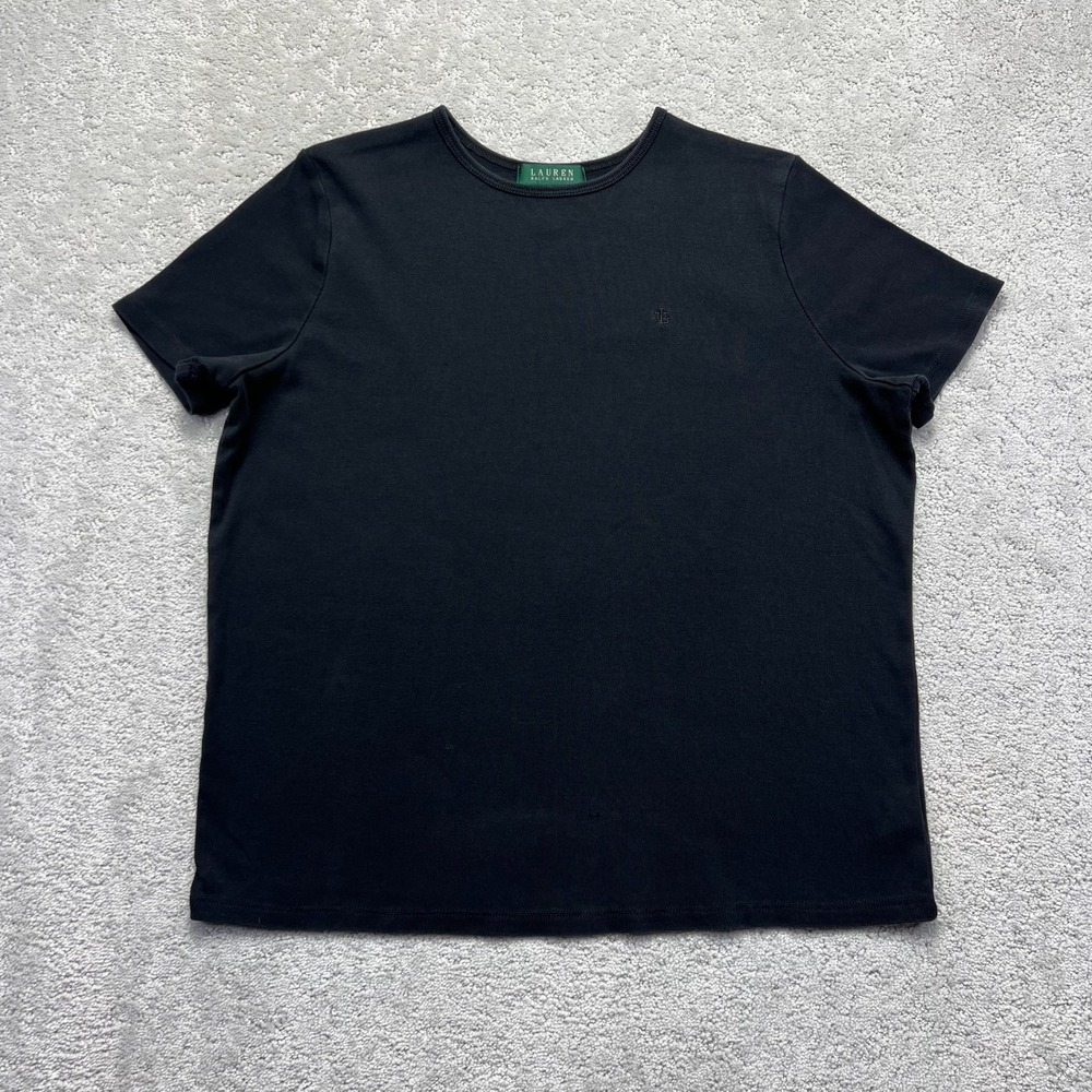 Lauren Ralph Lauren T-Shirt 1X Black Cotton Ribbed Short‎ Sleeve Embroidered